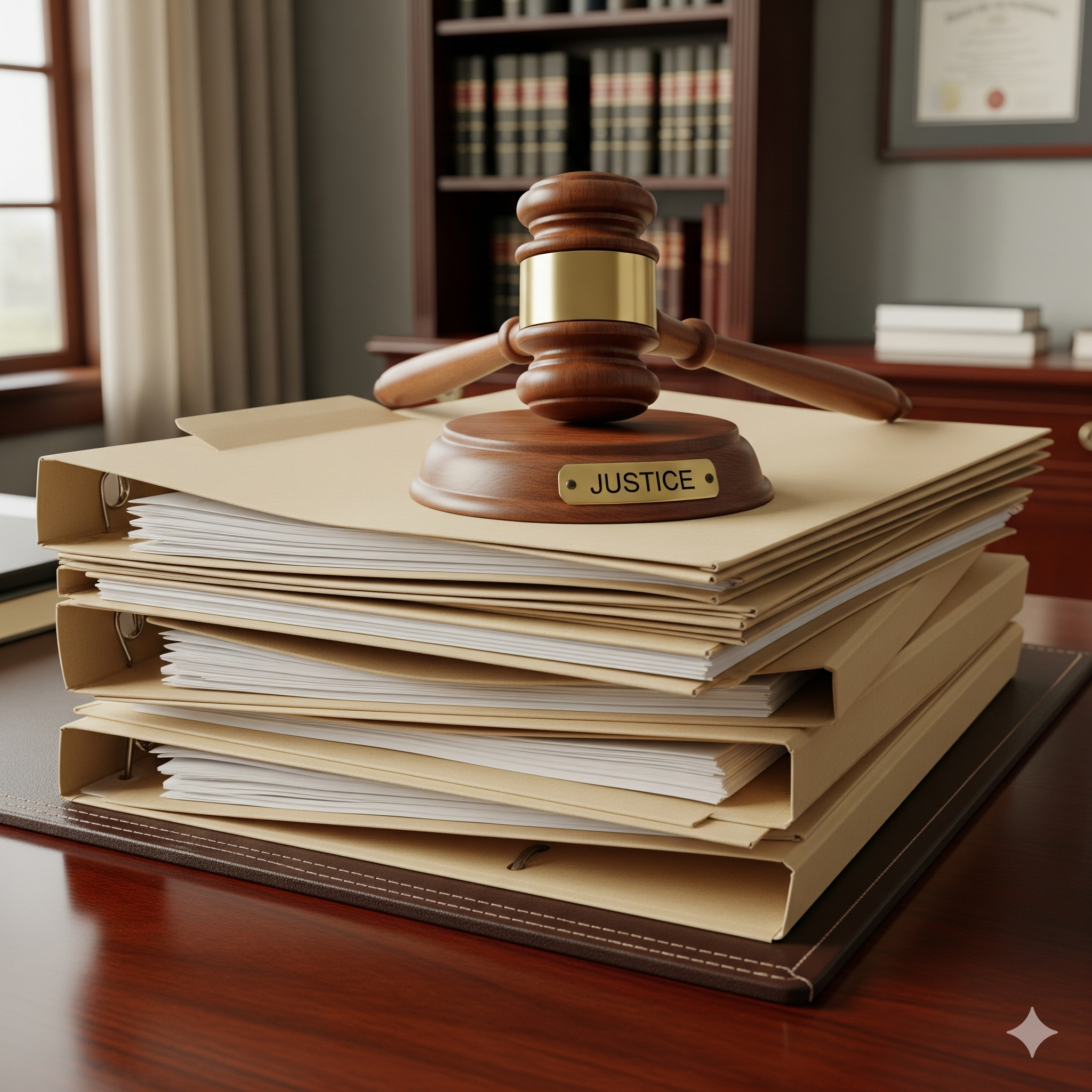 Gavel resting on legal files on a desk