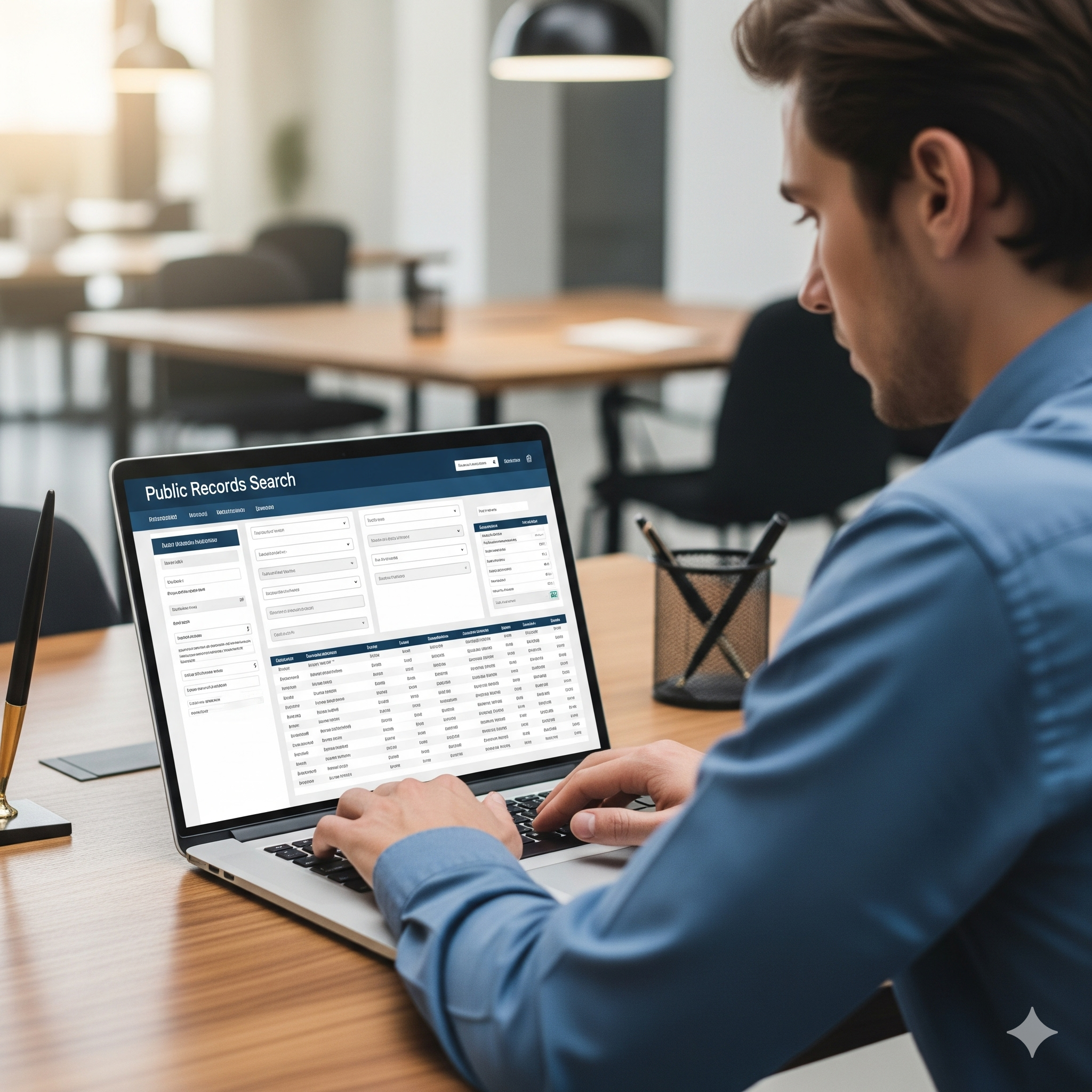 Laptop displaying a search portal on a desk