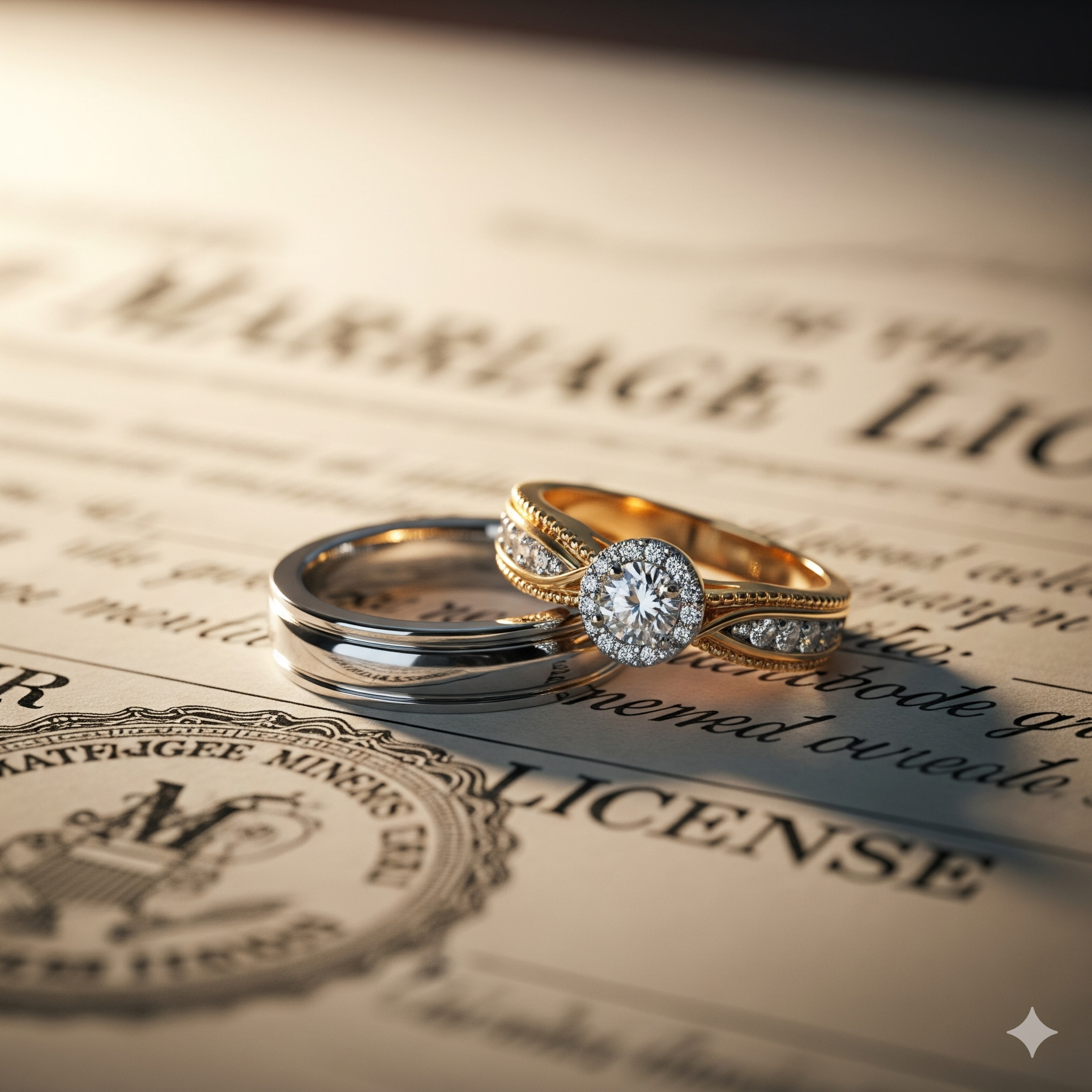 Close up of wedding rings on a document