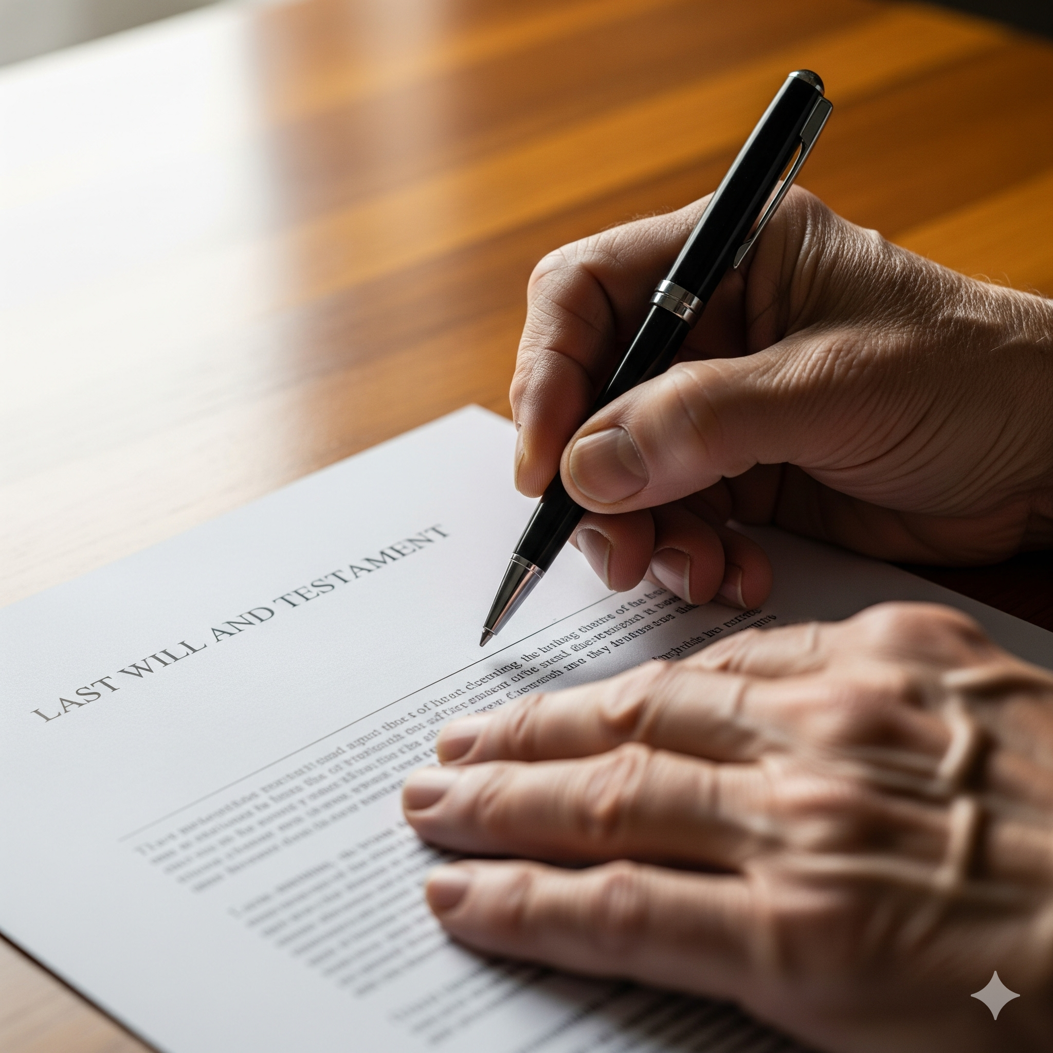 Close up of a person signing a Last Will and Testament document